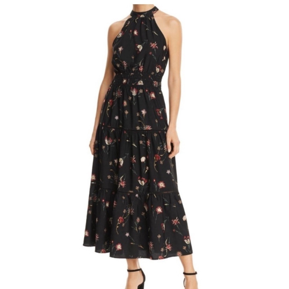 Lost + Wander Floral Black Halter Tiered Maxi Dress size large